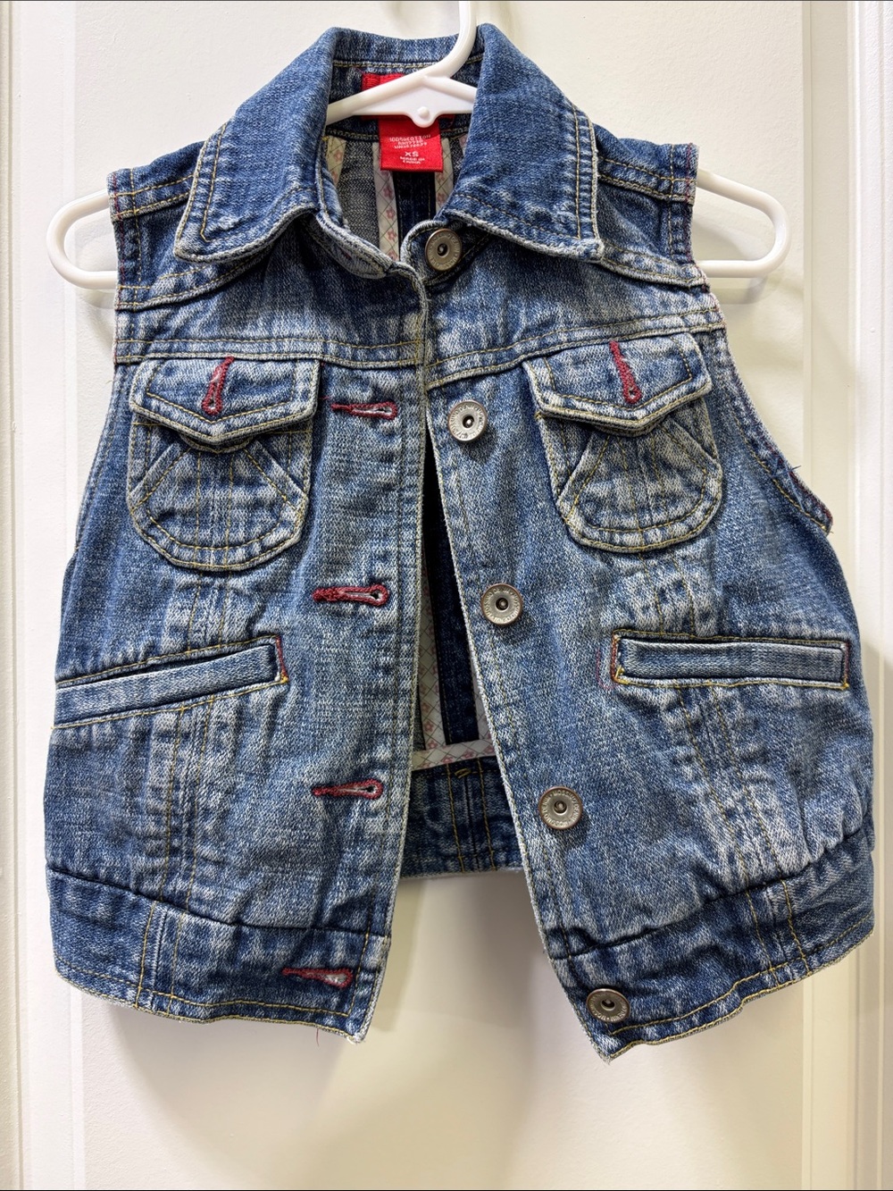 Washed Blue Denim Vest with Red Stitching